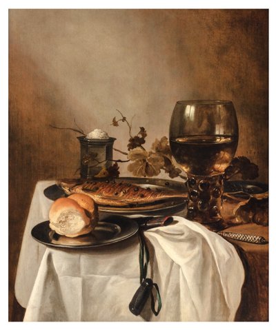 Bułka, śledź, srebrna solniczka, duży roemer i nóż na drapowanym stole, ok. 1644 (olej na desce) autorstwa Pieter Claesz