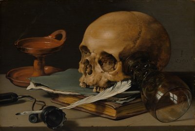 Martwa natura z czaszką i piórem do pisania, 1628. autorstwa Pieter Claesz