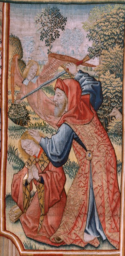 Flamandzki gobelin. Odcinki serialu z życia Dziewicy; Prezentacja w świątyni (Presentación en el Templo). Drugi gobelin w serii. Modele przypisane Janowi van Roome (lub van Brussel). Manufaktura Pieter van Aelst, Bruksela. ok. 1502-1504. autorstwa Pieter Coecke van Aelst