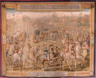 Flamandzki gobelin. Seria Podbój Tunisu; Przegląd wojsk w Barcelonie (La revista de las tropas en Barcelona). Drugi gobelin w serii. Model Jan Vermeyen i Pieter Coecke van Aelst. 1543-1548. Produkcja Real Fábrica de Tapices de Sant autorstwa Pieter Coecke van Aelst