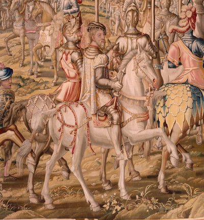 Flamandzki gobelin. Seria Podbój Tunisu; Przegląd wojsk w Barcelonie (La revista de las tropas en Barcelona). Drugi gobelin w serii. Model Jan Vermeyen i Pieter Coecke van Aelst. 1543-1548. Produkcja Real Fábrica de Tapices de Sant autorstwa Pieter Coecke van Aelst