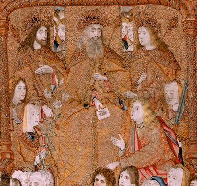 Flamandzki gobelin. Seria Triumfy Matki lub Panos de Oro.Boże ześlij Archanioła Gabriela. Pierwszy gobelin z serii. Model Colin de Cooter (?). Wytwórnia Pieter van Aelst (lub van Edingen), Bruksela. Około 1500-1502. autorstwa Pieter Coecke van Aelst