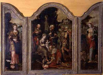 Tryptyk przedstawiający Adorację Trzech Króli i dwóch świętych (olej na desce) autorstwa Pieter Coecke van Aelst