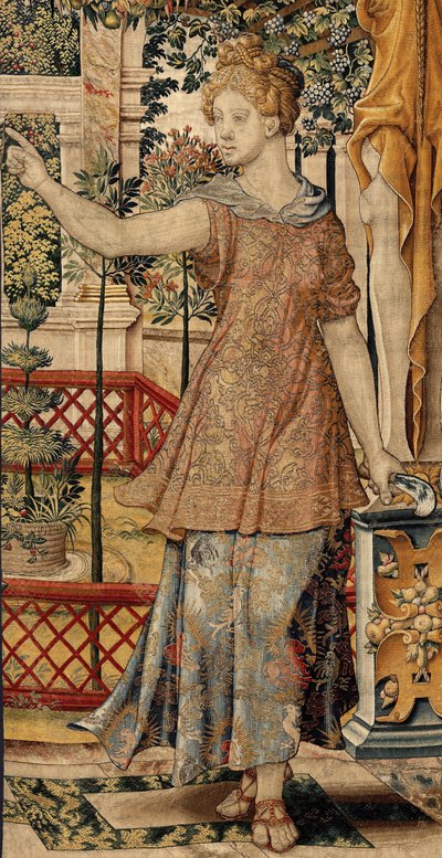 Vertumnus i Pomona: Vertumnus przekształcony w rolnika, ok. 1550 r. (Złoto, wełna i jedwab) autorstwa Pieter Coecke van Aelst