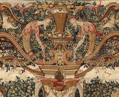 Vertumnus i Pomona: Vertumnus przekształcony w sekator, ok. 1550 r. (Złoto, wełna i jedwab) autorstwa Pieter Coecke van Aelst