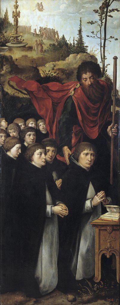 Apostoł św Jakub Wielki z kaznodziejami Prawy panel tryptyku Sąd Ostateczny autorstwa Pieter Coecke van Aelst