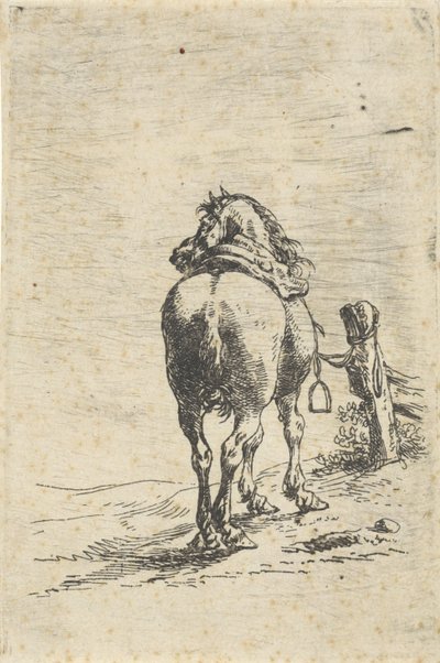 Osiodłany koń na słupie autorstwa Pieter Cornelisz. Verbeeck