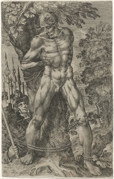 Achior przywiązany do drzewa autorstwa Pieter Feddes van Harlingen