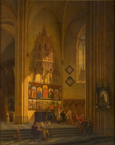 Albrecht Dürer przed Ołtarzem Gandawskim, ca. 1840. autorstwa Pieter Frans De Noter
