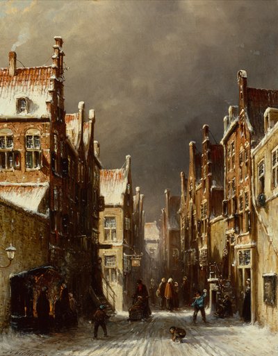 Zimowa scena uliczna z dziećmi rzucającymi śnieżkami autorstwa Pieter Gerard Vertin