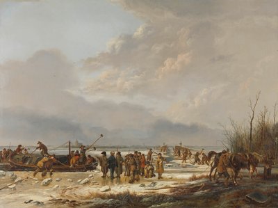 Przełamywanie lodu w rowie na maślankę, Naarden, styczeń 1814 r. autorstwa Pieter Gerardus van Os