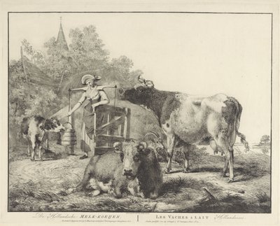 Krowy i dojarka De Hollandsche Melk-koeijen/ Les vaches â lait hollandaises (tytuł na obiekcie) autorstwa Pieter Gerardus van Os