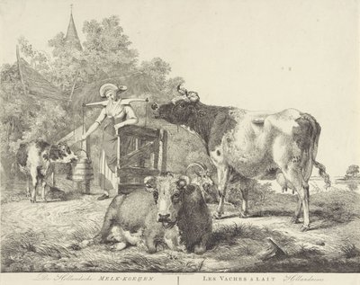 Krowy i dojarka De Hollandsche Melk-koeijen/ Les vaches â lait hollandaises (tytuł na obiekcie) autorstwa Pieter Gerardus van Os