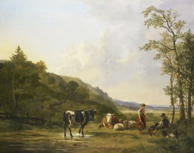 Krajobraz z pasterzami i bydłem autorstwa Pieter Gerardus van Os
