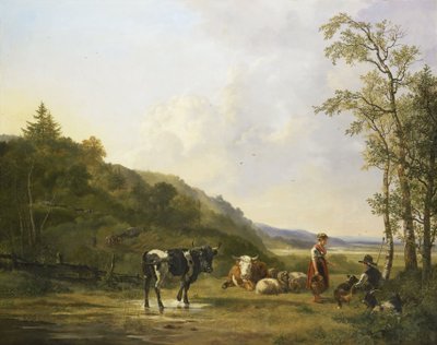 Krajobraz z pasterzami i bydłem autorstwa Pieter Gerardus van Os
