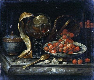 Martwa natura z chińskiej niebiesko-białej miski i pokrywy, szklany Roemer, złota łyżka i owoce (olej na płótnie) autorstwa Pieter Gerritsz. van (manner of) Roestraten