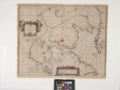 Nowa mapa najbardziej wysuniętego na północny wschód wybrzeża Ameryki (grawerowanie z ręcznym kolorowaniem na złamanej bieli) autorstwa Pieter Goos