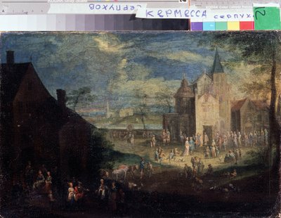 „Kermesse na miejscu wsi”” (Kermis) Krajobraz miejski we Flandrii. Obraz Petera Gyselsa (1621-1690) Serpukhov, Państwowe Muzeum Historii i Sztuki Rosji autorstwa Peeter Gijsels