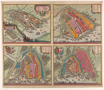 Cztery mapy Amsterdamu od 1400 do 1612 Amsteldam soo to samo było omhaynt (...) (tytuł na obiekcie) Amsterdam powiększony po raz drugi został po raz pierwszy powiększony o Steene Mueren inden jaere 1482 (...) (tytuł na obiekcie) Amsteldam czwarty autorstwa Pieter Hendricksz. Schut (possibly)