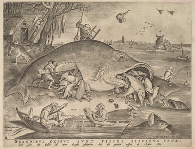 Duża ryba zjada małą rybę, 1557 autorstwa Pieter Heyden van der