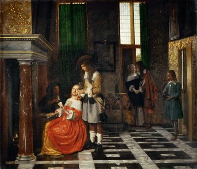 Gracze w karty w bogatym wnętrzu autorstwa Pieter Hooch de