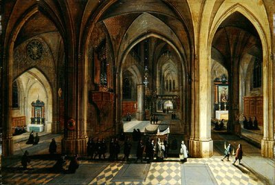 Wnętrze katedry gotyckiej z procesją (olej na desce) autorstwa Pieter II and Franken Frans II Neefs