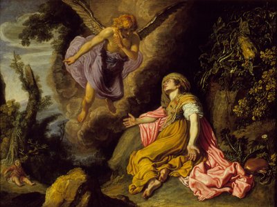 Hagar i anioł, 1614 (olej na drewnie) autorstwa Pieter Lastman