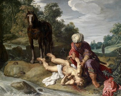Dobry Samarytanin opatrujący rany podróżnego (Łk 10:25-37) autorstwa Pieter Lastman