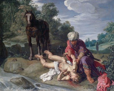 Dobry Samarytanin opatrujący rany podróżnego (Łk 10:25-37) autorstwa Pieter Lastman