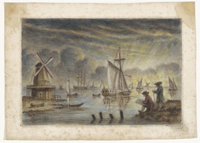 Widok na wybrzeże ze statkami, młynem i rysownikiem autorstwa Pieter Louw (attributed to)