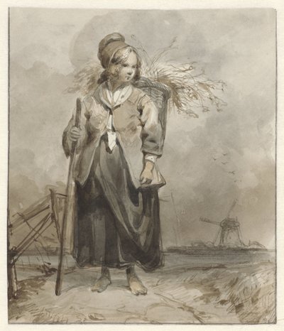 Stojąca kobieta z kijem i koszem na plecach autorstwa Pieter Marinus van de Laar (attributed to)