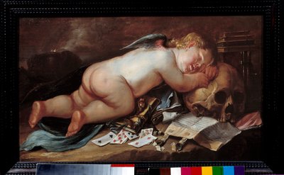Uwielbiam spać na głowie śmierci. Obraz (Vanite) Pietera Moninckxa (1606-1686) Ec. Bujda. autorstwa Pieter Moninckx