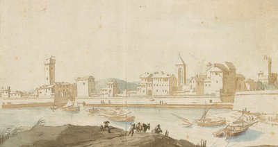Widok na Civitavecchia z murem portowym autorstwa Pieter Moninckx
