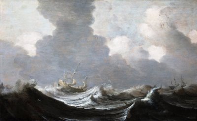 Cztery statki płynące przed wichurą, 1630 autorstwa Pieter Mulier the Elder