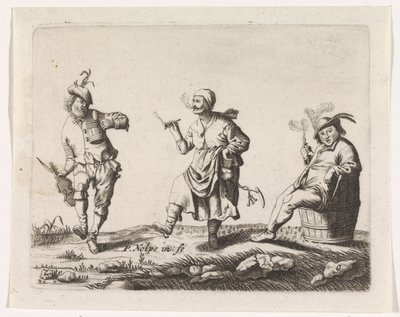 Tańczący rolnik i żona farmera oraz mężczyzna na beczce autorstwa Pieter Nolpe