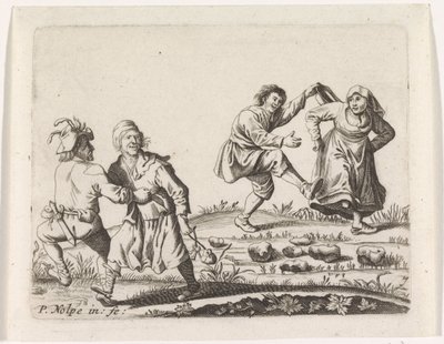 Dwie tańczące pary chłopskie autorstwa Pieter Nolpe
