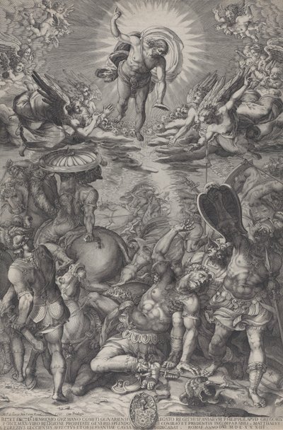 Nawrócenie Saula, który leży na ziemi otoczony końmi i żołnierzami jako Chrystus..., 1583 autorstwa Pieter Perret