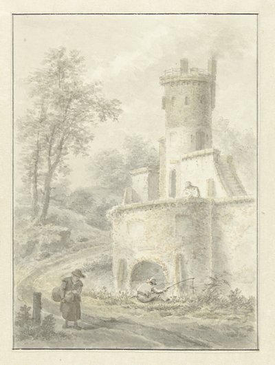 Krajobraz z wędkarzem i kobietą spacerującą przy wieży fortecy autorstwa Pieter Pietersz. Barbiers