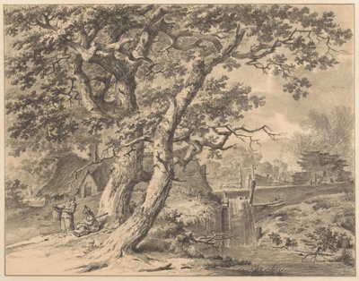 Krajobraz z wodospadem pod dwoma dużymi drzewami autorstwa Pieter Pietersz. Barbiers