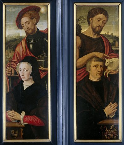 Dwa skrzydła tryptyku z portretami darczyńców ze świętymi Adrianem i Janem Chrzcicielem autorstwa Pieter Pourbus (attributed to)