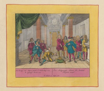 Książę Filip Anjou przyjmuje koronę hiszpańską, 1700 Książę Andegawenii przyjmuje Ofertę Korony Hiszpańskiej (...) (tytuł na obiekcie) Teatr wojny, początek króla Karola II. Aż do króla Karola III. Istniejący w IX autorstwa Pieter Schenk (I)