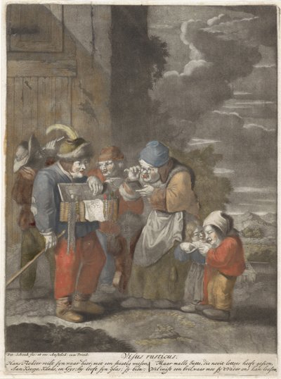 Twarz Visus rusticus (tytuł na obiekcie) Pięć zmysłów (tytuł serii) autorstwa Pieter Schenk (I)