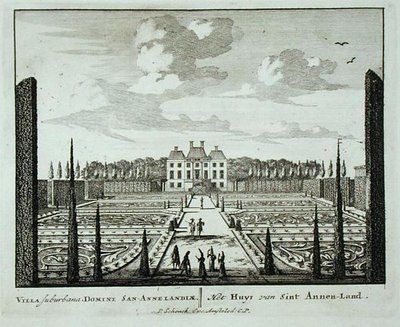 Dom i ogrody w Saint Annen-Land, z „Admirandorum Quadruplex Spectaculum”, Jan van Call (1656-1703), wydane przed 1715 (rycina) autorstwa Pieter Schenk
