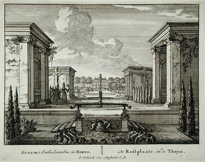 Miejsce spoczynku w ogrodzie, z „Admirandorum Quadruplex Spectaculum”, autorstwa Jana van Calla (1656-1703), wydanego przed 1715 r. (rycina) autorstwa Pieter Schenk