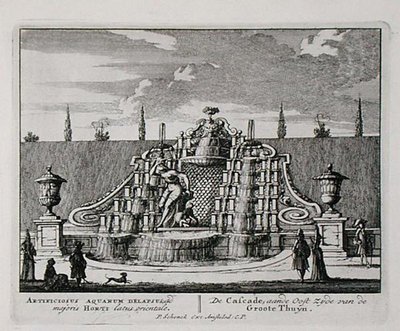 Kaskada w ogrodzie orientalnym, z „Admirandorum Quadruplex Spectaculum” Jana van Calla (1656-1703), wydana przed 1715 r. (rycina) autorstwa Pieter Schenk
