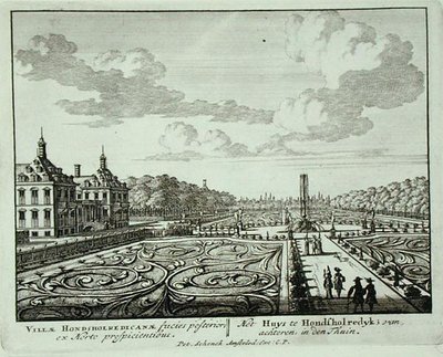 Ogród w Honsholredyk, z „Admirandorum Quadruplex Spectaculum”, Jan van Call (1656-1703), wydana przed 1715 (rycina) autorstwa Pieter Schenk