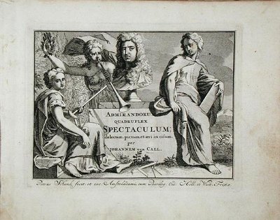 Strona tytułowa z „Admirandorum Quadruplex Spectaculum”, autorstwa Jana van Calla (1656-1703), wydanej przed 1715 r. (rycina) autorstwa Pieter Schenk