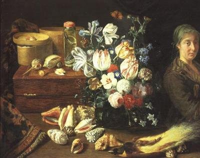 Martwa natura, kwiaty, muszle, węże, ptak i stojąca kobieta autorstwa Pieter Snyers