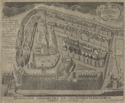 Gezicht op het Sint-Elisabethbegijnhof en de Sint-Elisabethkerk te Gent Begginasium św. Elżbiety pod opieką Kaznodziejów Gandawy z 1234 r. (tytuł na obiekcie) autorstwa Pieter Wauters