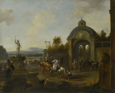 Impreza myśliwska przy fontannie autorstwa Pieter Wouwermans or Wouwerman